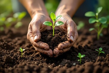 Light skinned woman holds a seedling in soil with other sprouting plants visible