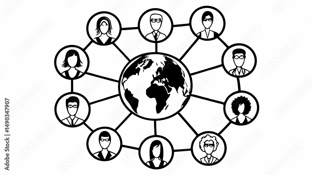 Poster global network connecting people around the world with lines and diverse avatars in circles showing 