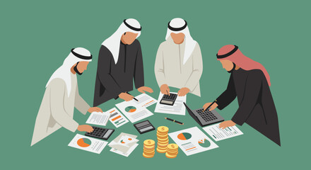 Group Of Arab Men In Traditional Attire Discussing Financial Documents At A Table With Money And Calculators