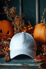 Cozy Fall Scene with White Cap and Pumpkin Decorations