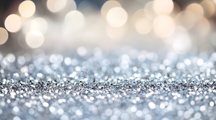 Fototapeta premium Shimmering silver glitter texture with soft bokeh lights