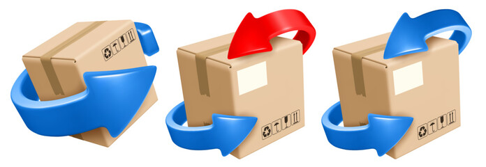 Cardboard delivery box or parcel with blue and red arrows spinning around. Return parcel to sender, exchange of goods, symbol of recyclable material. Logistic, delivery concept. Vector illustration
