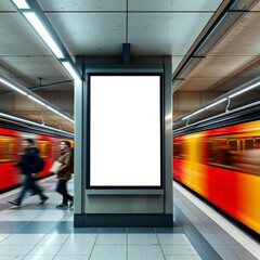 Mockup of a blank billboard with people and passing trains in a subway station, with a concrete and metallic backdrop, representing an urban advertising billboard concept.