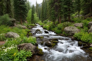 Obraz premium Tranquil Forest Stream Flowing Through Rocky Terrain