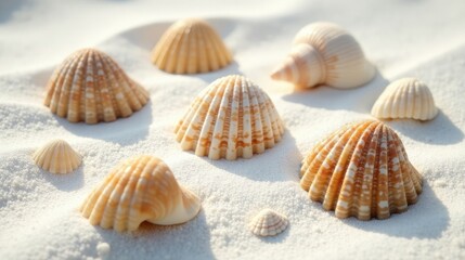 Seashells scattered on a pristine beach, bathed in sunlight, showcasing their intricate textures and delicate forms