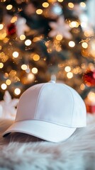 White Baseball Cap on Soft Surface with Christmas Lights Background