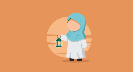 Pixel Art Illustration of Muslim Girl Holding a Lantern in Front of an Orange Background