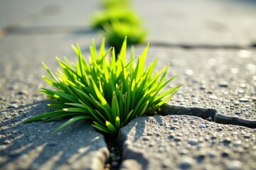 Vibrant Green Sprouts Pushing Through Pavement Cracks, a Symbol of Resilience and Nature's Perseverance
