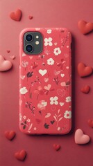 Floral Phone Case Design with Red Background and Heart Accents