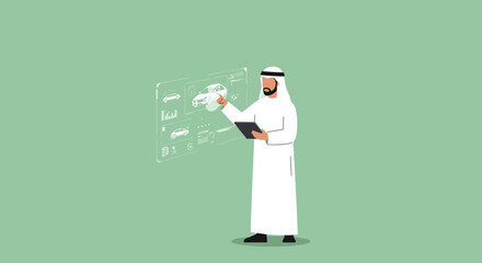Pixelated Arab Businessman Holding Tablet Writing On Illuminated Board Over Green Background