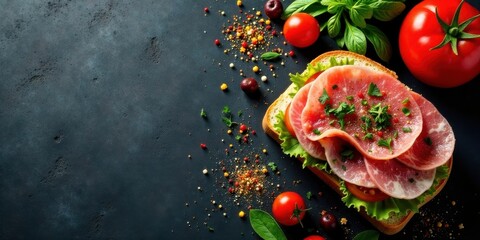 Delicious Open-Faced Sandwich with Sliced Meat, Fresh Herbs, and Tomatoes on a Dark Background