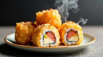 Golden-Crusted Sushi Rolls with Steaming Rice and Savory Filling on a Plate