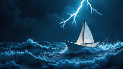 A Small Sailboat Bravely Navigates a Turbulent Ocean Under a Dramatic Night Sky with a Vivid Lightning Bolt