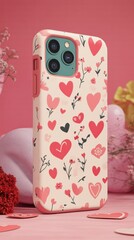 Obraz premium Colorful Floral Heart Pattern Phone Case on Pink Background