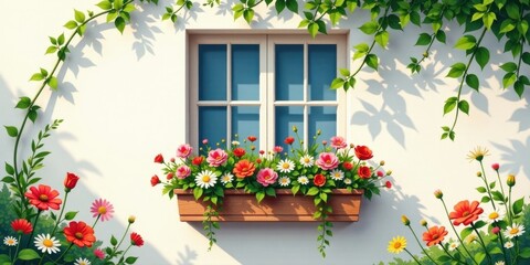 A charming window box overflowing with vibrant blossoms, nestled in a wall adorned with climbing greenery, bathed in sunlight