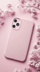 Pink Phone Case Surrounded by Delicate White Flowers on Pink Background
