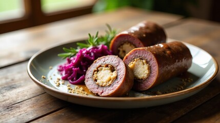 Savory Stuffed Meat Rolls with Red Cabbage and Seasoning on Rustic Plate