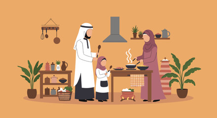 Pixelated Family Cooking Together in a Kitchen with Brown Walls and Orange Background Flat Style Illustration