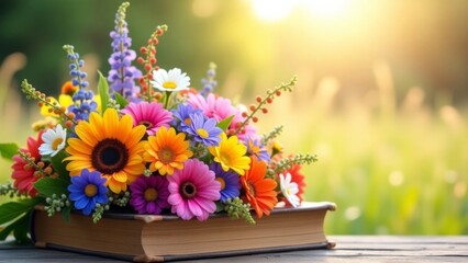 Bright spring still life with colorful flowers blooming from an open book on a wooden table, sunlit meadow background. Fresh, cheerful, and educational.