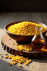 Golden Seeds and Their Oil A Rustic Still Life of Natural Product