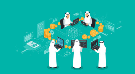 Pixelated Group of Arab Businessmen Collaborating around Digital Data and Cryptocurrency on Teal Background