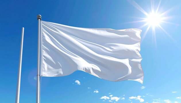 White Flag Waving In Clear Blue Sky - Powered by Adobe