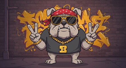 Cool cartoon bulldog with sunglasses making peace sign on graffiti wall
