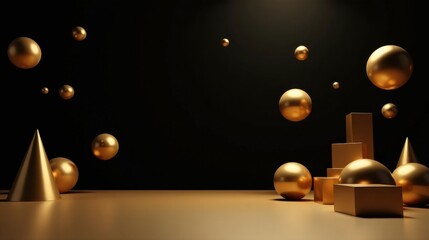 Golden Geometric Forms in Dark Ambiance Abstract Composition of Spheres, Cubes, and Cones