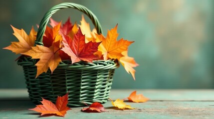 Autumnal foliage in a rustic wicker basket, a picturesque harvest scene with vibrant red and gold leaves scattered on a weathered wooden surface