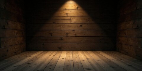 Illuminated Wooden Room Corner Dark Rustic Interior with Spotlight on Floor and Walls