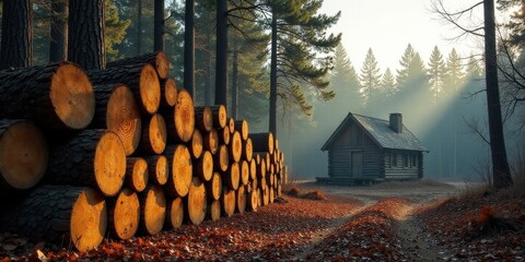 Serene autumnal woodland scene featuring a rustic cabin nestled amongst towering trees and a large stack of timber logs bathed in the soft glow of morning sunlight.