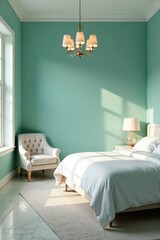 Serene Bedroom Interior Design Featuring a Comfortable Upholstered Armchair, a Plush King-Size Bed with Crisp White Linens, and a Luxurious Chandelier