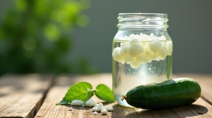 Refreshing Homemade Probiotic Drink with Cucumber and Herbs in a Glass Jar on Wooden Surface