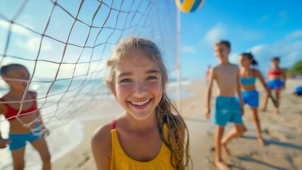 Caucasian teenage children play volleyball on a sunny beach in a looped reverse animation, symbolizing carefree summer holidays and youthful energy. AI generative 4K video - Powered by Adobe