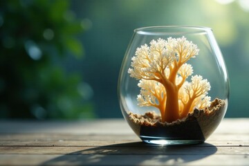 Miniature Tree in Glass Orb, a Symbol of Serenity and Growth, Gracefully Displayed on a Rustic Wooden Surface
