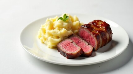 Delicious Glazed Beef Slices with Creamy Mashed Potatoes on a White Plate