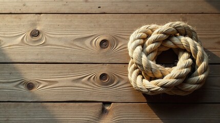 Textured Rope Coil on Rustic Wooden Surface A Study in Natural Materials