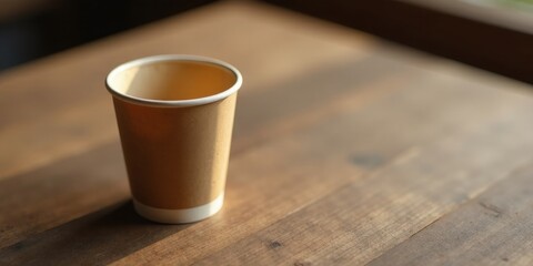 Empty Paper Cup on Wooden Table in Warm Light