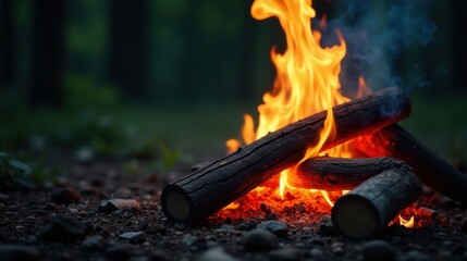 Campfire Burning Brightly in the Dusk, Embers Glow with Warmth, Logs Crackling, Smoke Rising, Nature's Tranquil Beauty