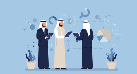 Three Arab Businessmen in Formal Suits Discussing Documents with Data Visuals in Light Blue Background