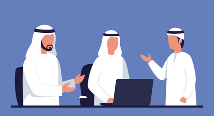 Three Arab Men in White Uniforms Having Meeting with Laptop in Blue Office