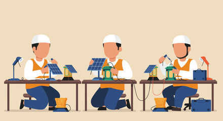 Three Men Assembling Solar Panels At Workshop Tables With Lamps And Protective Gear