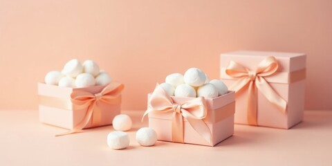 Pastel Pink Gift Boxes Filled with Delicate White Spheres, a Sweet and Elegant Presentation for a Special Occasion