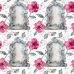 Antique tombstone with dark pink hibiscus flowers, silver leaves hand drawn watercolor illustration isolated on white with brush strokes. monument seamless pattern for halloween design, print, fabric