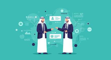 Two Arab Businessmen Discussing Work In Suits And Traditional Clothes With Modern Data Background