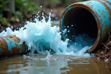 Turbulent Aqua Surge From Rusted Pipe  A Powerful Eruption of Foaming Water