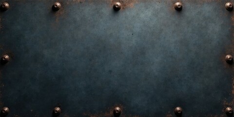 Rustic Metal Texture Dark Blue Steel Plate with Aged Copper Rivets, Ideal for Backgrounds and Design Elements