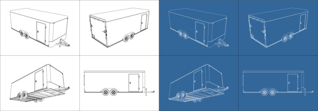 20 feet trailer enclosed line technical drawing blueprint, vector illustration in transparent background
