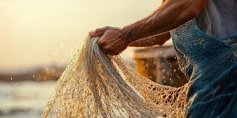 Experienced Fisherman's Hands Mending His Nets During a Golden Hour Sunset
