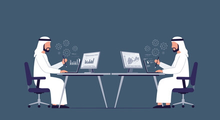 Two Arab Men Working At Desk On Computers In Pixelated Style With Data Floating Above
